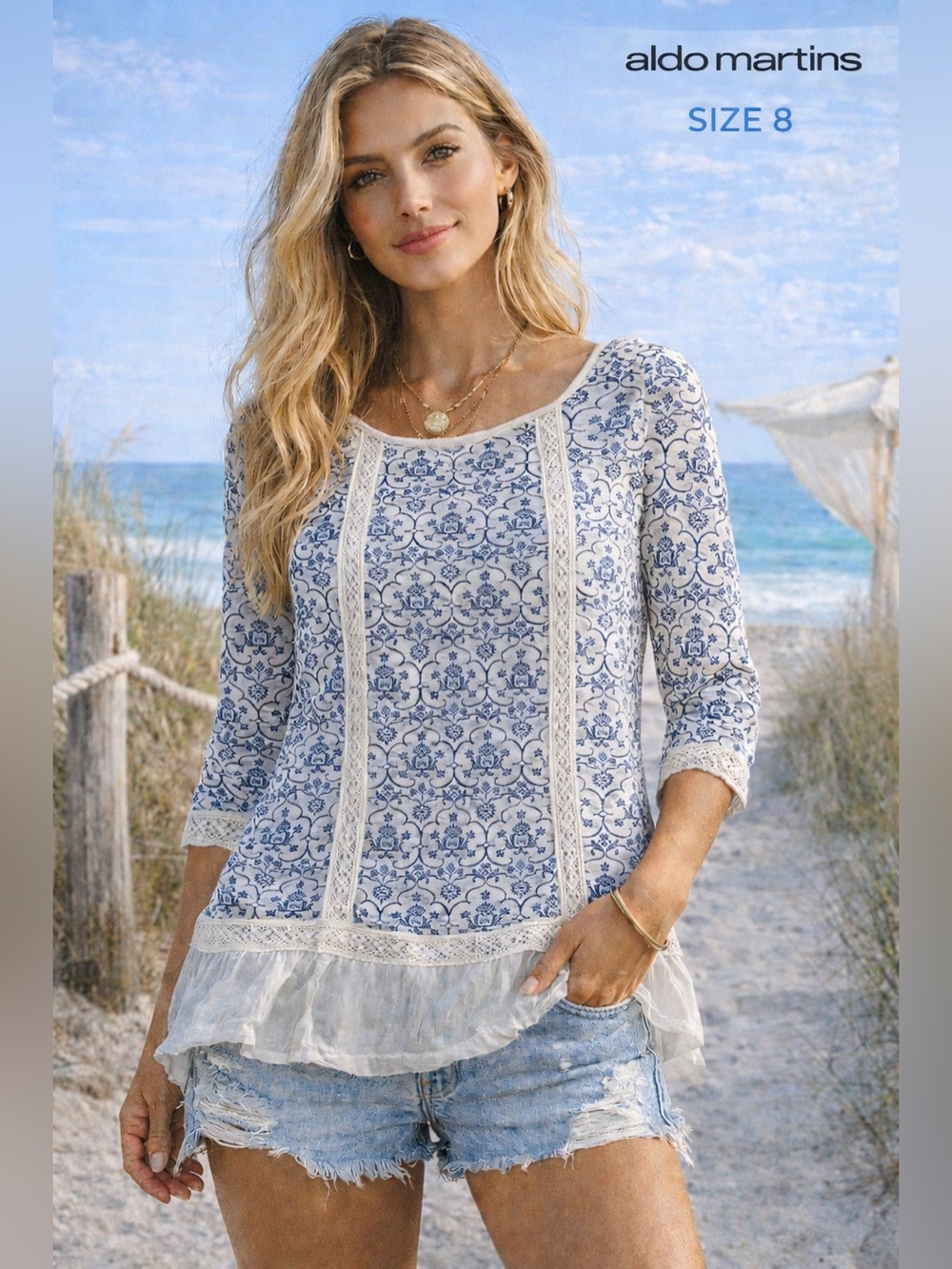 Aldomartins Anthropologie Blue White Boho Lace Trim Top Back Button Womens SZ 8